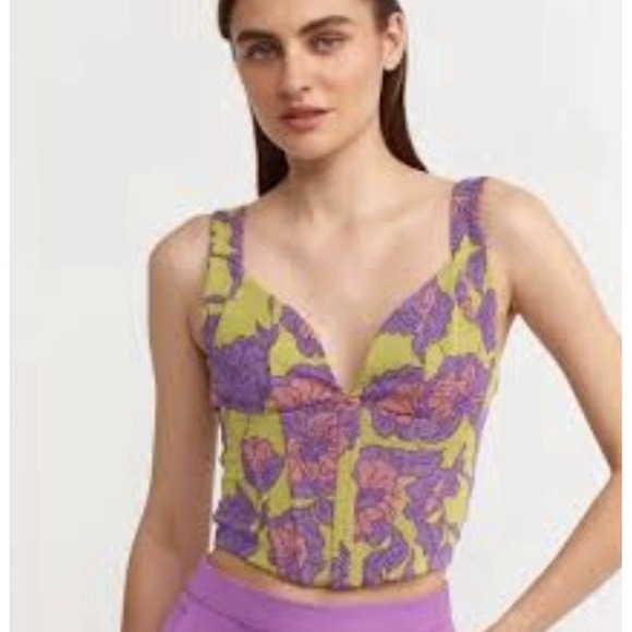 Tops - Lime & Purple Floral Lace Bustier Crop Top